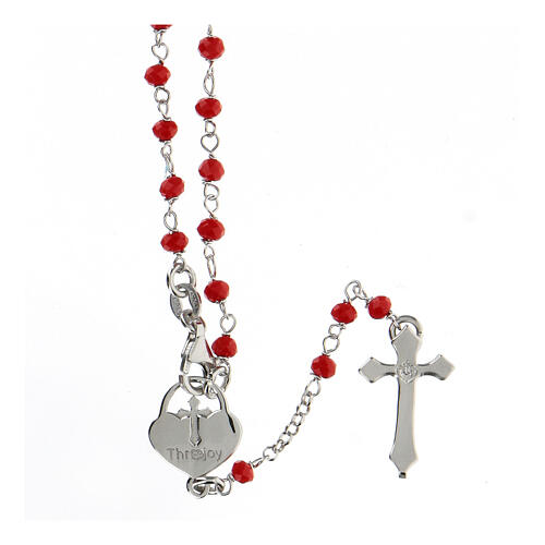 Rosary with red stones and heart-shaped medal, 925 silver 2