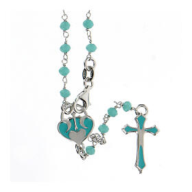 Rosary with light blue stones and heart-shaped medal, 925 silver