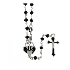 Rosary with black stones and heart-shaped medal, 925 silver