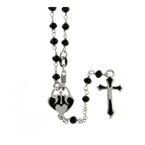 Rosary with black stones and heart-shaped medal, 925 silver 1