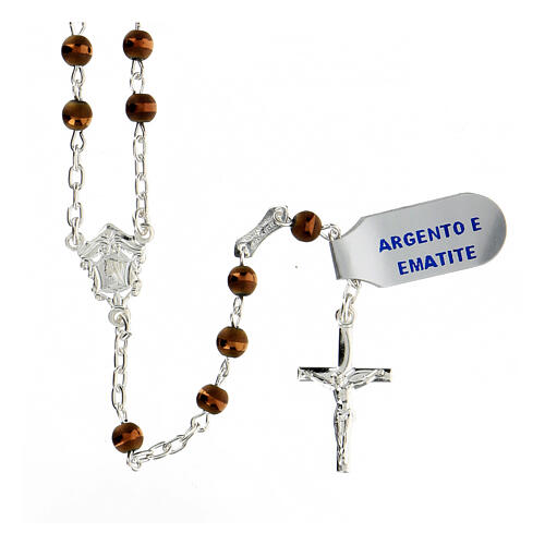 925 silver rosary with brown hematite beads 4 mm matte shiny line decor 1