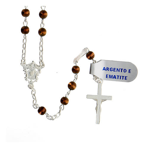 925 silver rosary with brown hematite beads 4 mm matte shiny line decor 2