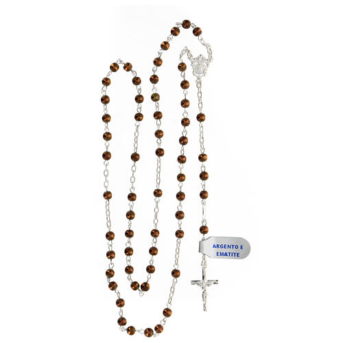 925 silver rosary with brown hematite beads 4 mm matte shiny line decor 4