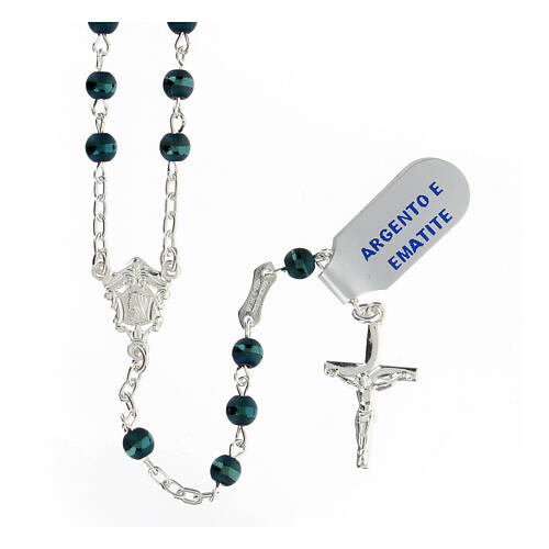 Rosary in 925 silver with 4 mm blue hematite beads Mary 1