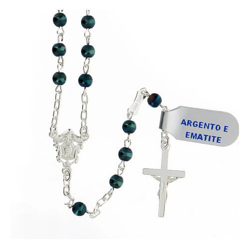 Rosary in 925 silver with 4 mm blue hematite beads Mary 2