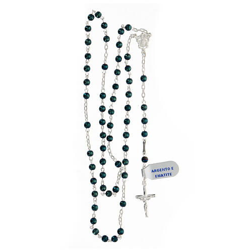 Silver rosary with 4 mm hematite blue beads 925 silver Mary medal 4