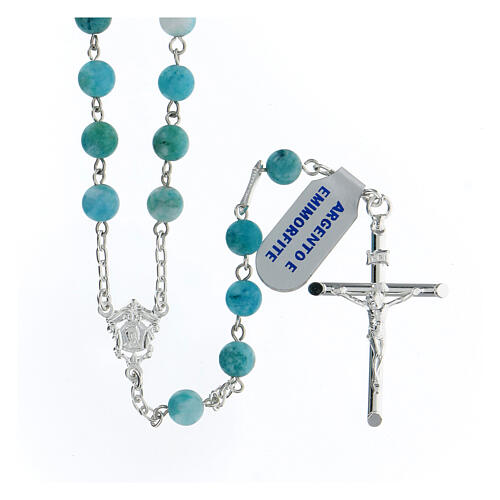 Rosary in 925 silver with 6 mm light blue and white hematite beads 1