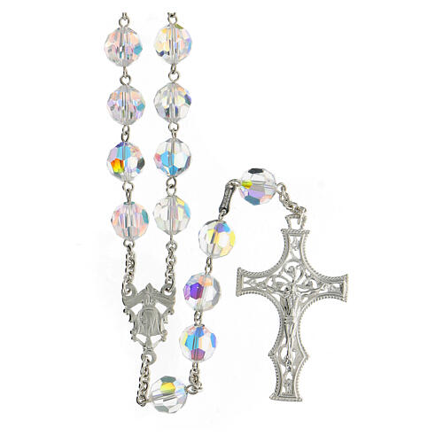 Terço cruz decorada Nossa Senhora e Jesus prata 925 contas cristal branco 10 mm 1