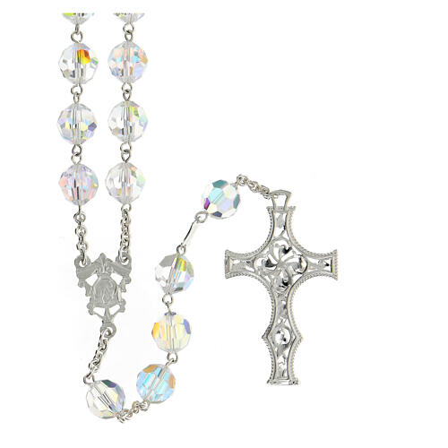 Terço cruz decorada Nossa Senhora e Jesus prata 925 contas cristal branco 10 mm 2