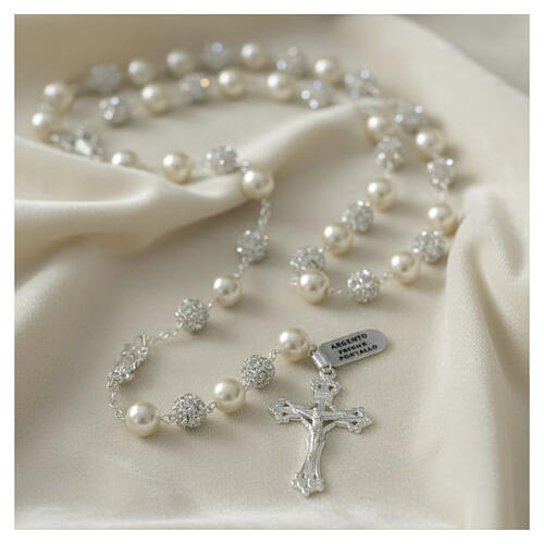 Rosario argento 925 grani 10 mm perle cristalli bianchi crocefisso 2