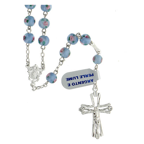 Chapelet argent 925 perles "al lume" 6 mm bleu clair croix ajourée 1