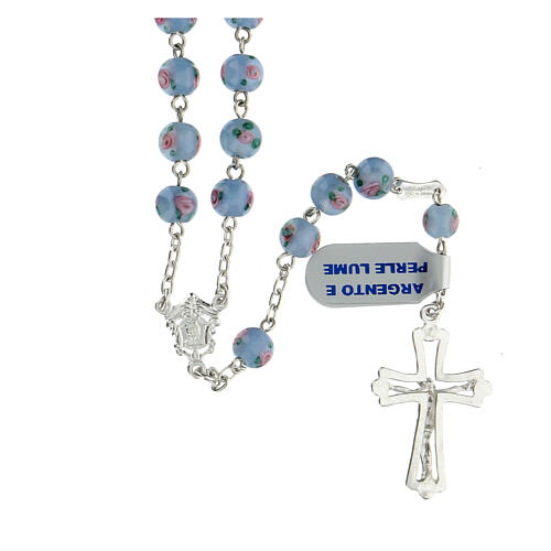 Chapelet argent 925 perles "al lume" 6 mm bleu clair croix ajourée 2