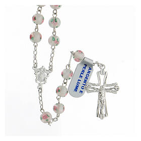 Rosary with white pearls, 6 mm beads in 925 silver, decorated cross