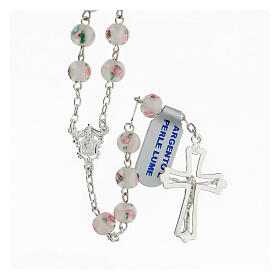 Rosary with white pearls, 6 mm beads in 925 silver, decorated cross