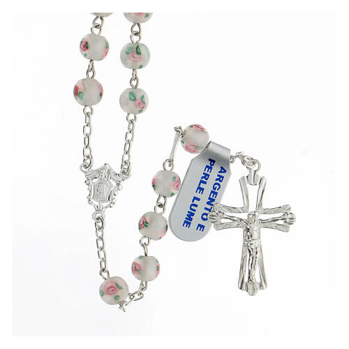 Rosary with white pearls, 6 mm beads in 925 silver, decorated cross 1