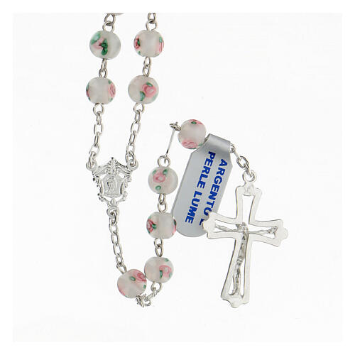 Rosary with white pearls, 6 mm beads in 925 silver, decorated cross 2