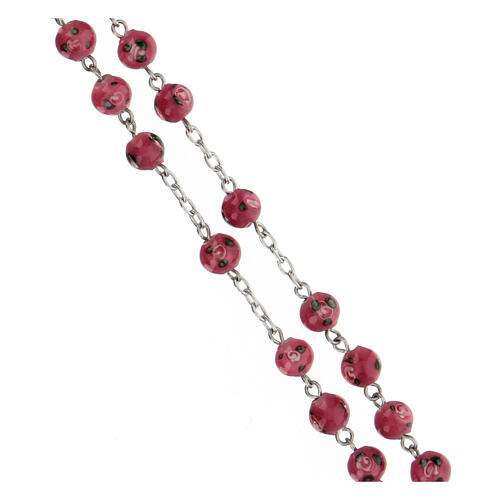 Rosario argento 925 perle al lume rosa 6 mm roselline croce raggi 3