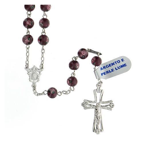 Rosary in 925 silver perforated cross purple pearl beads 6 mm  1