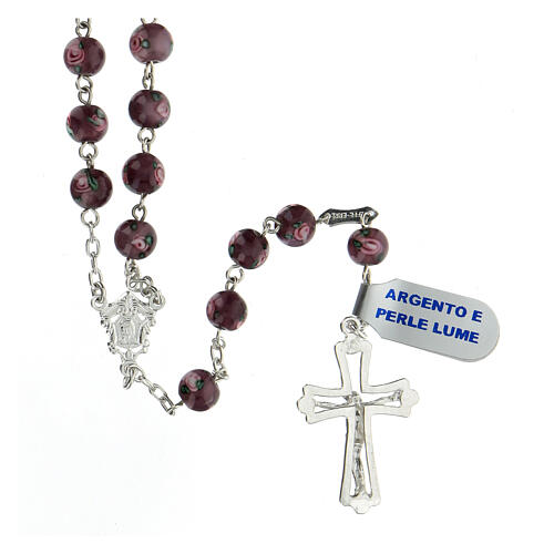 Rosary in 925 silver perforated cross purple pearl beads 6 mm  2
