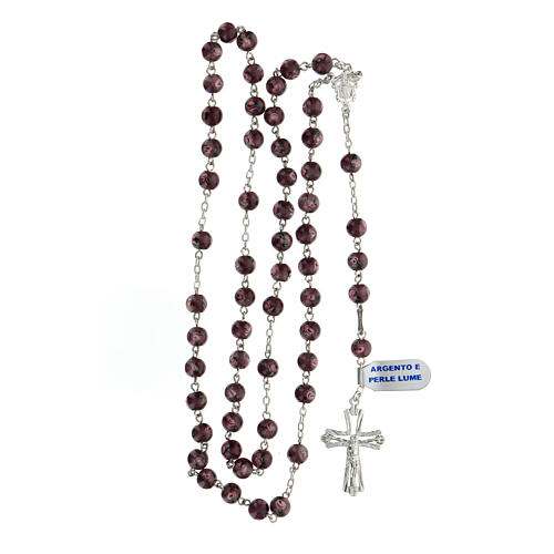 Rosary in 925 silver perforated cross purple pearl beads 6 mm  4