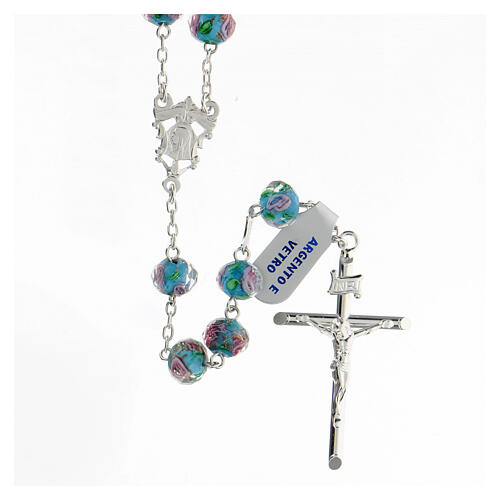 925 silver rosary tubular cross glass beads 8x10 mm light blue rosettes 1