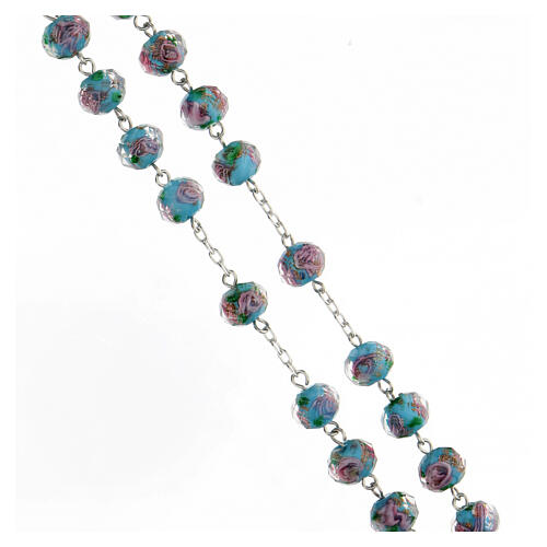 925 silver rosary tubular cross glass beads 8x10 mm light blue rosettes 3