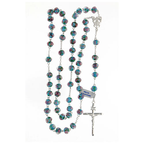 925 silver rosary tubular cross glass beads 8x10 mm light blue rosettes 4