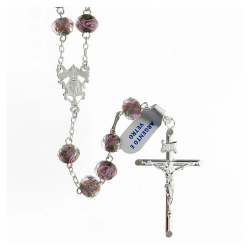 Rosary with beads in purple glass 6 mm 925 silver 1