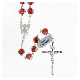 Rosary 8x10 mm red glass beads pink roses 925 silver cross