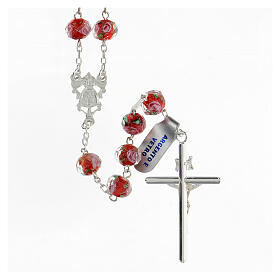 Rosary 8x10 mm red glass beads pink roses 925 silver cross