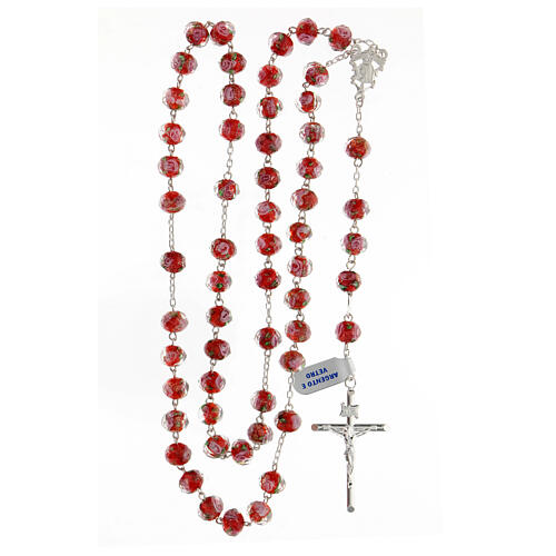 Rosary 8x10 mm red glass beads pink roses 925 silver cross 4