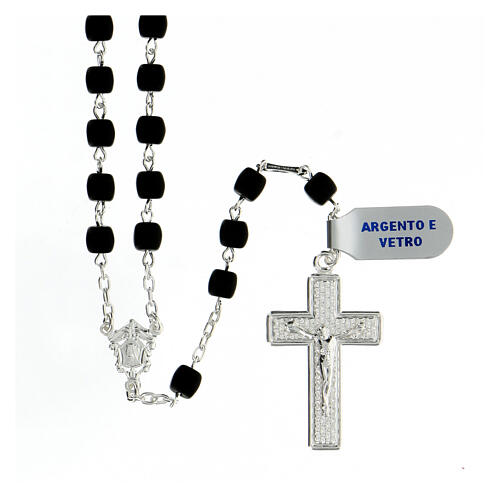 Rosary 925 silver glass beads 6x6 mm sandblasted black 1