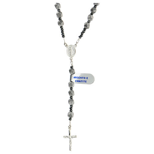 Rosary in 925 silver hematite beads 6 mm Miraculous cross 1