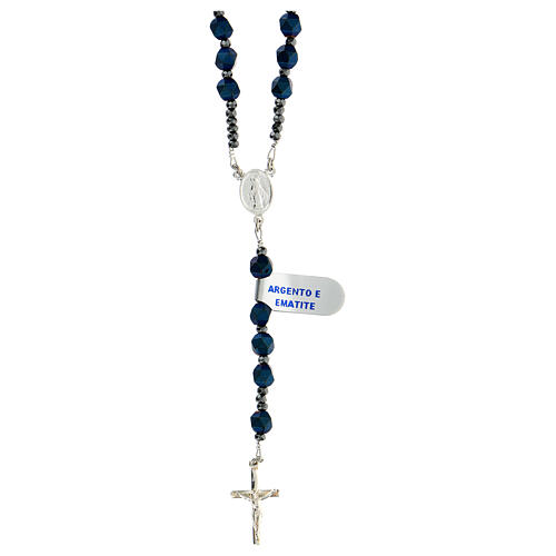 Rosary necklace of 925 silver with blue hematite beads of 6 mm and Miraculous Medal 1
