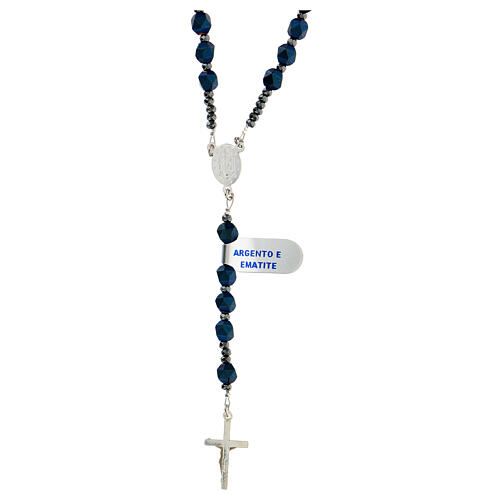 Rosary necklace of 925 silver with blue hematite beads of 6 mm and Miraculous Medal 2