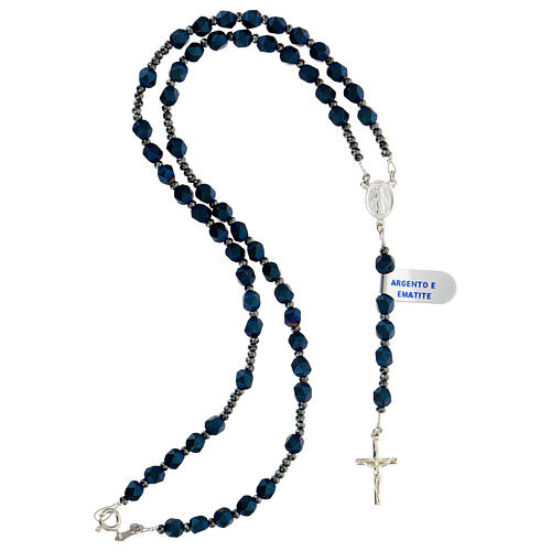 Rosary necklace of 925 silver with blue hematite beads of 6 mm and Miraculous Medal 4