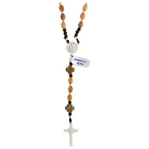 Rosary of 925 silver with oval olivewood beads, crosses with Chi-Rho and Saint Benedict crucifix 1