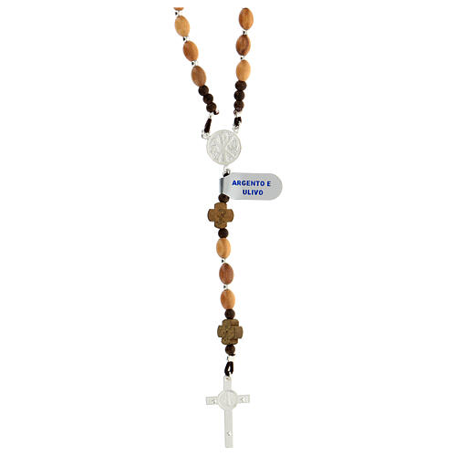 Rosary of 925 silver with oval olivewood beads, crosses with Chi-Rho and Saint Benedict crucifix 2