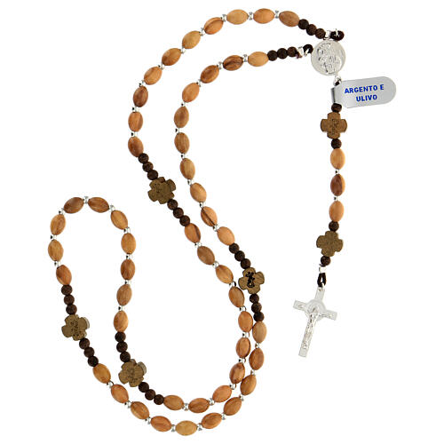 Rosary of 925 silver with oval olivewood beads, crosses with Chi-Rho and Saint Benedict crucifix 4