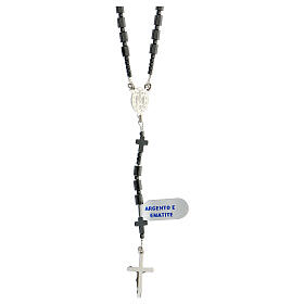 Rosenkranz 925er Silber schwarzer Hämatit Prismen walzenförmige Perlen Kreuze Wundertätige Maria 6 mm
