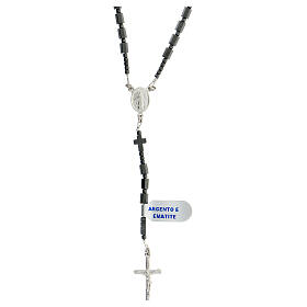 Rosary necklace of 925 silver, black hematite 6 mm prisms, cylinders and crosses, Miraculous Medal