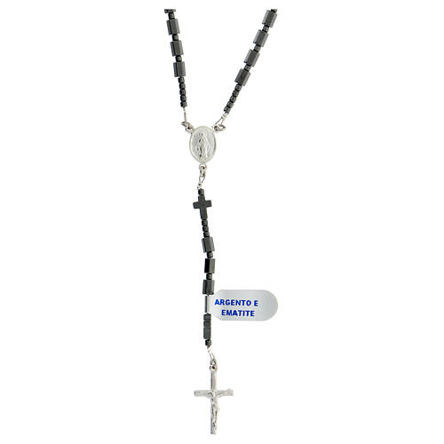 Rosary necklace of 925 silver, black hematite 6 mm prisms, cylinders and crosses, Miraculous Medal 1