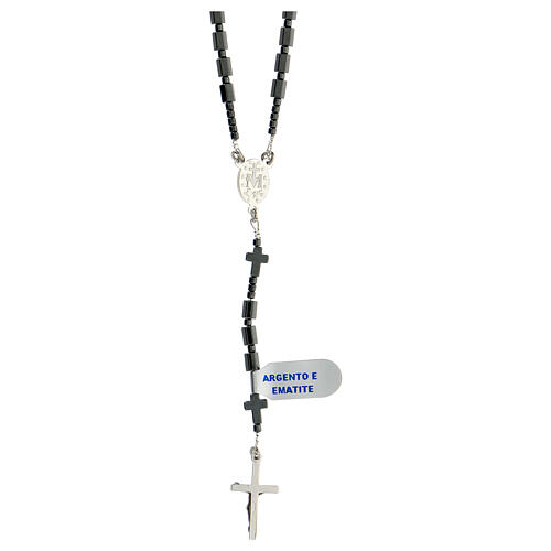 Rosary necklace of 925 silver, black hematite 6 mm prisms, cylinders and crosses, Miraculous Medal 2