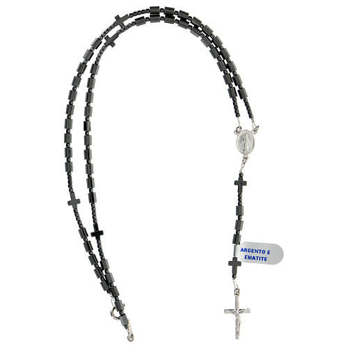 Rosary necklace of 925 silver, black hematite 6 mm prisms, cylinders and crosses, Miraculous Medal 4