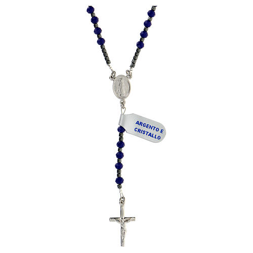 Rosary of 925 silver with Miraculous Medal, 4x3 mm blue crystal beads and black hematite 1
