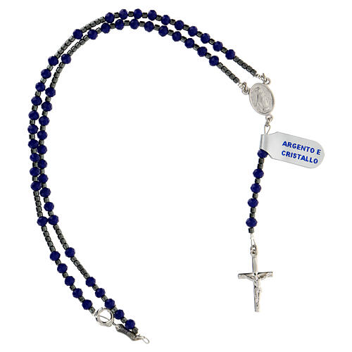 Rosary of 925 silver with Miraculous Medal, 4x3 mm blue crystal beads and black hematite 4
