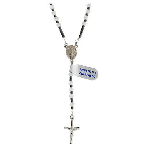Rosary of 925 silver with Miraculous Medal, 4 mm white crystal beads and black hematite 1