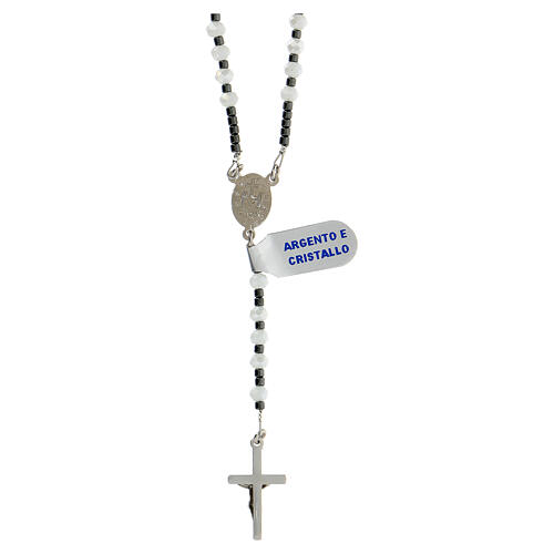 Rosary of 925 silver with Miraculous Medal, 4 mm white crystal beads and black hematite 2