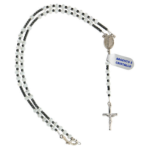 Rosary of 925 silver with Miraculous Medal, 4 mm white crystal beads and black hematite 4