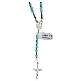 Rosary of 925 silver with 4x3 mm light blue crystal and black hematite beads, Miraculous Medal